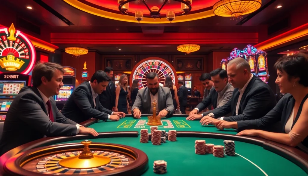 Engaged gamers strategizing at the poker table at https://rikvip.talk/, surrounded by classic casino elements.