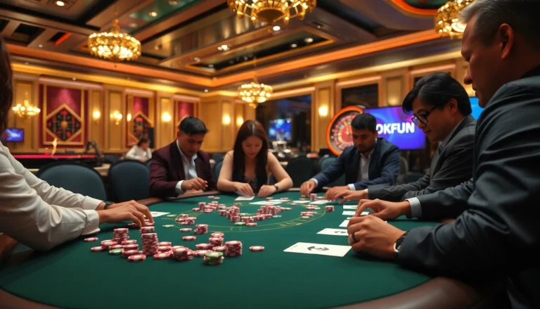 Players at a poker table preparing for an exciting game, featuring the OKFUN đăng nhập portal.