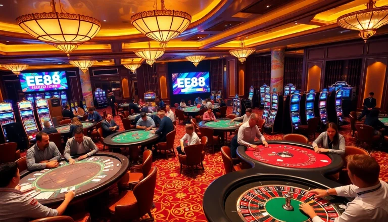 Experience the thrill of EE88 gaming with vibrant casino tables and players engaged in play.