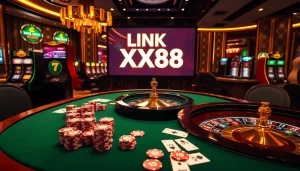 Engage with the thrilling 'LINK XX88' casino experience featuring vibrant poker chips and dynamic gaming elements.