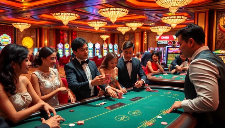 Players enjoying thrilling casino games at https://dn88s.net/, surrounded by vibrant tables and cheerful ambiance.