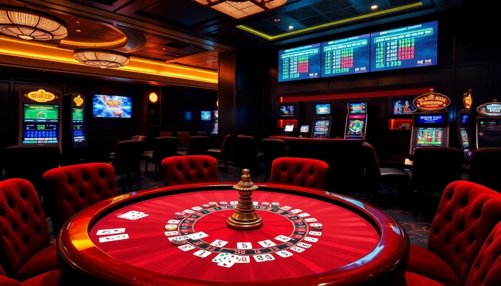 Sumvip gaming lounge featuring poker tables, roulette wheels, and luxury casino ambiance.