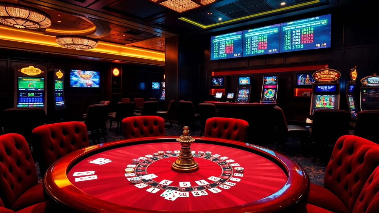 Sumvip gaming lounge featuring poker tables, roulette wheels, and luxury casino ambiance.