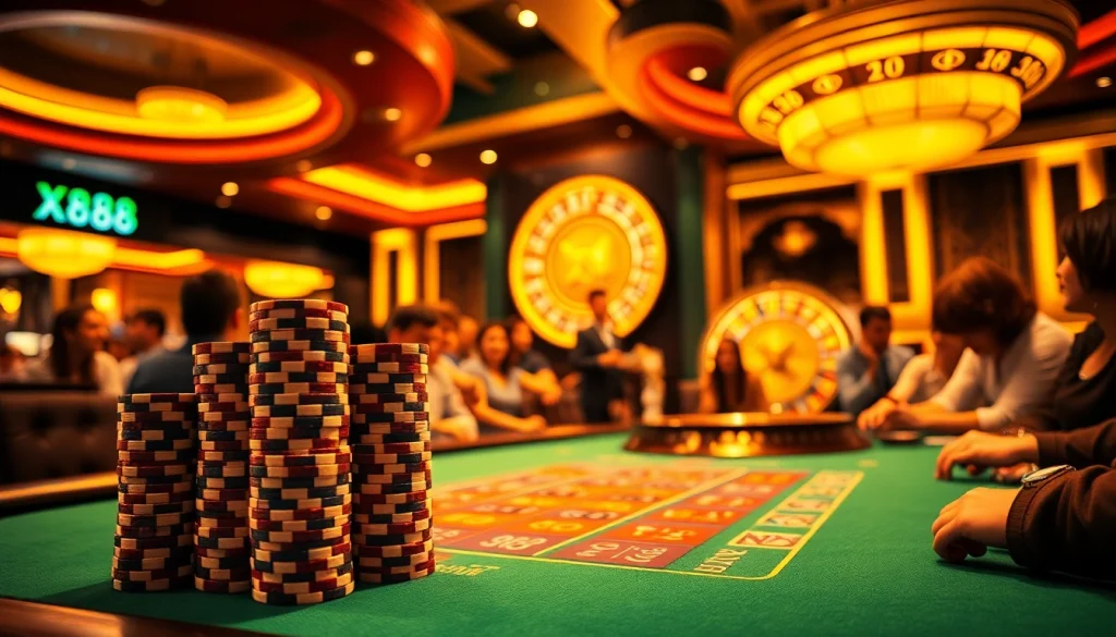 Experience the thrill of winning at X88-themed poker tables with vibrant chips and roulette excitement.