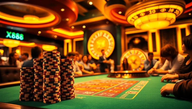 Experience the thrill of winning at X88-themed poker tables with vibrant chips and roulette excitement.