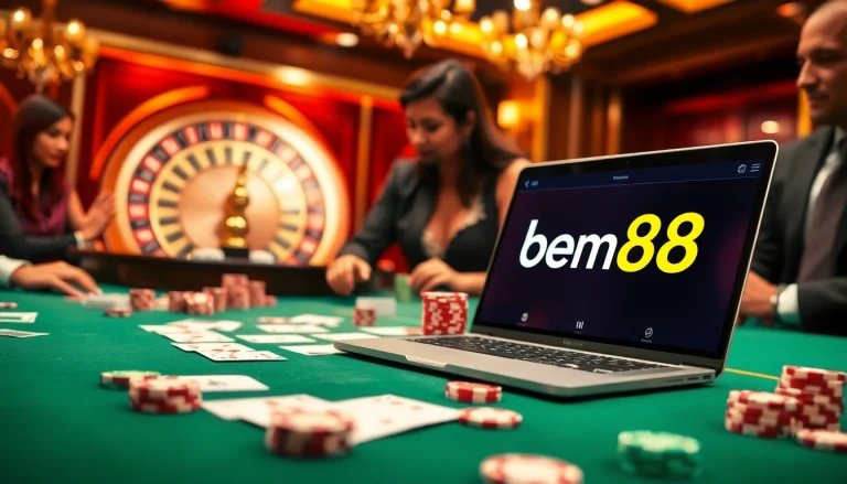 Experience the excitement of bem88 at a luxurious casino table with vibrant poker chips and cards.