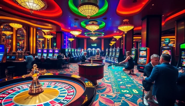 Luck8 casino gaming floor with roulette, slot machines, and poker tables in action.