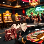 The thrilling atmosphere of 7C77 casino featuring poker and roulette games, inviting experienced players.