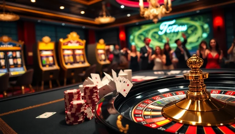 The thrilling atmosphere of 7C77 casino featuring poker and roulette games, inviting experienced players.