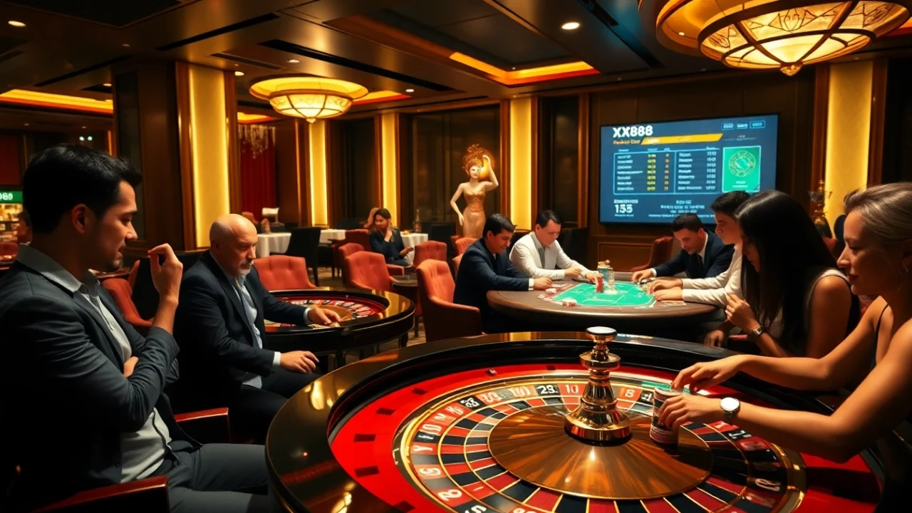 Experience the excitement of gambling at XX88 with vibrant casino tables and intense players.