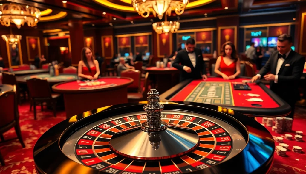 Exciting casino gameplay featuring TPJ logo on roulette wheel with elegant players and dealers.