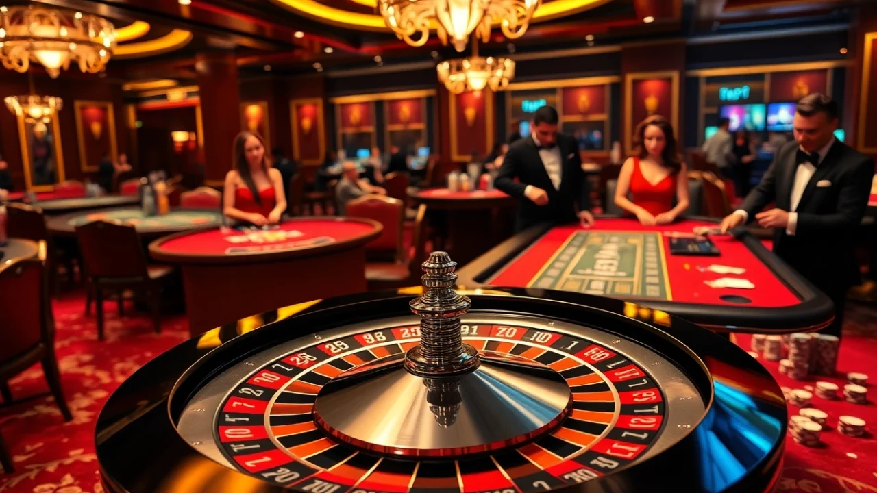 Exciting casino gameplay featuring TPJ logo on roulette wheel with elegant players and dealers.