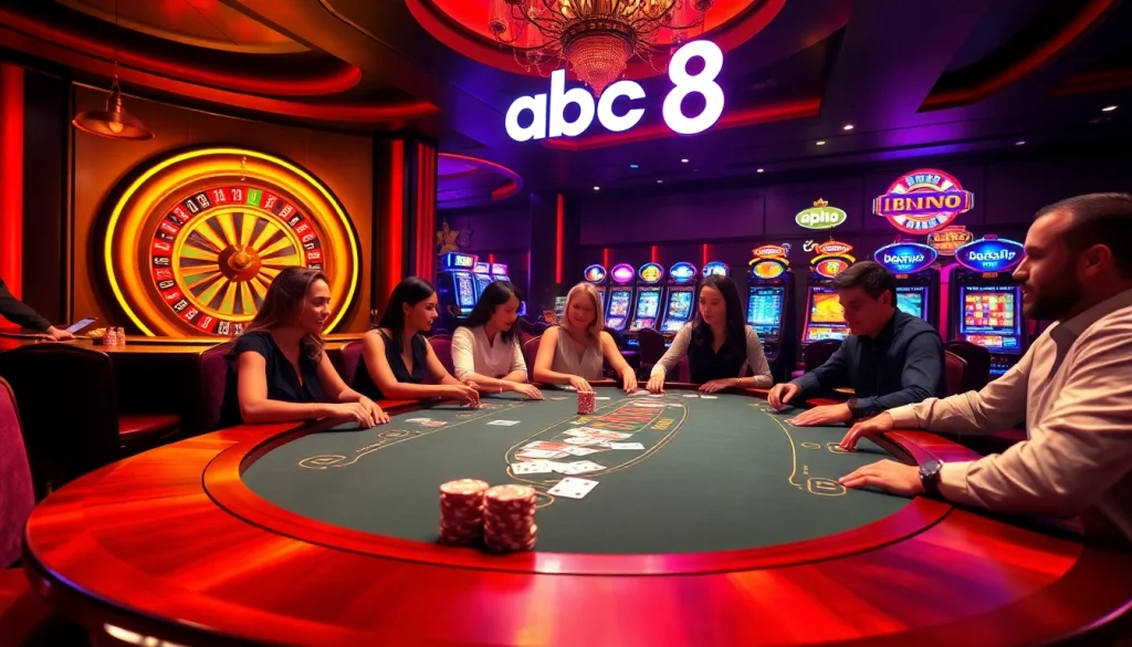 Experience high-stakes poker action at abc 8 casino with a vibrant table and lively atmosphere.