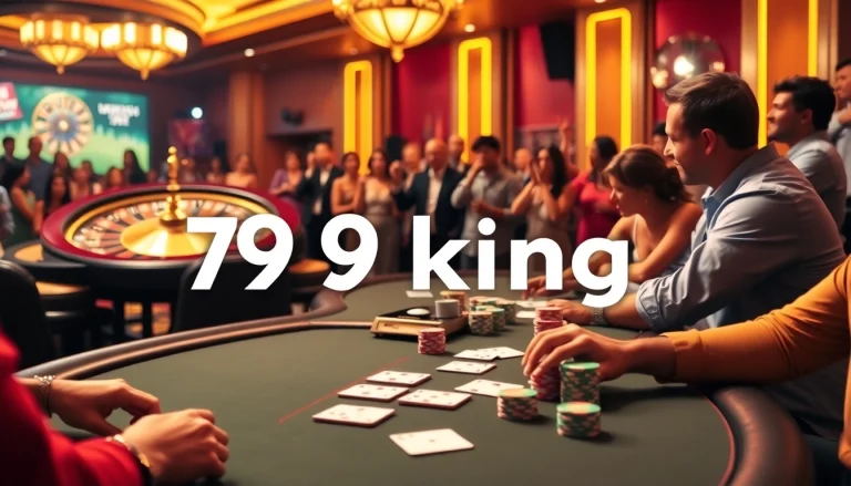 Experience high-stakes poker at 79king with vibrant chips, cards, and a spinning roulette wheel.