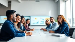 Marketing consultancy team collaborating effectively in a bright and modern workspace.