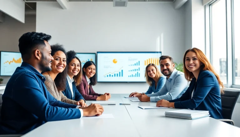 Marketing consultancy team collaborating effectively in a bright and modern workspace.