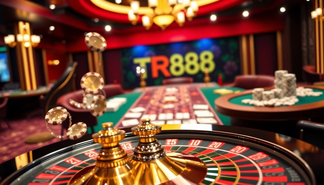 Experience the excitement of TR88 online gambling at a luxury casino table with roulette and poker chips.