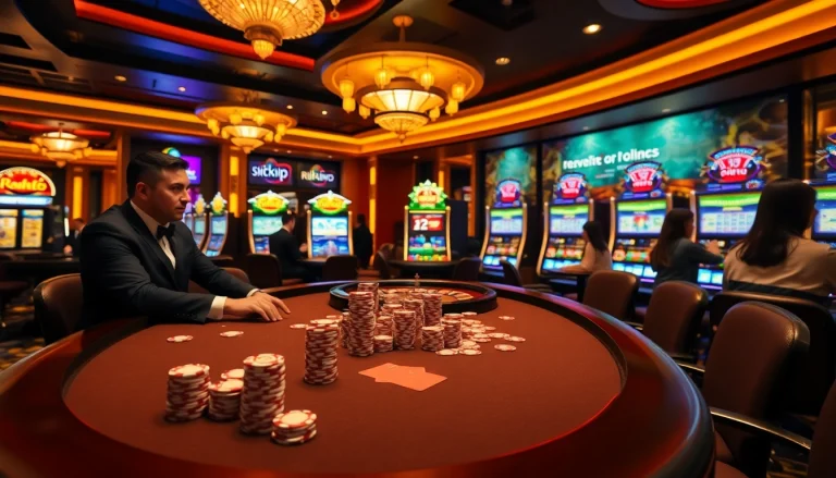 Experience thrilling gameplay at Rikvip Casino with vibrant slot machines and poker tables.