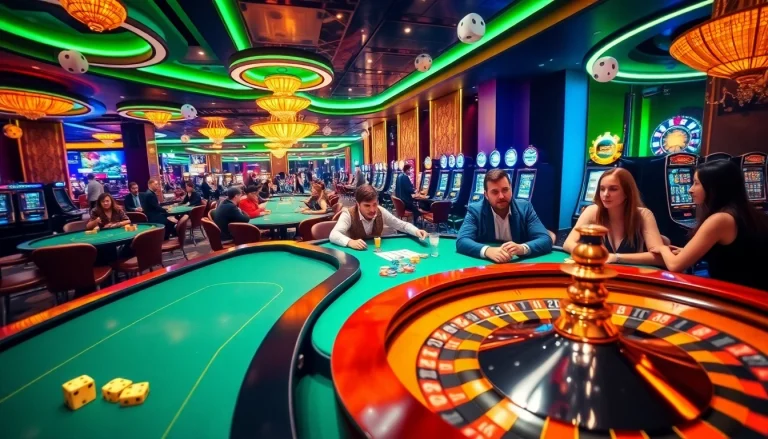 Exciting casino gaming action at hay.win with roulette, poker, and slot machines in view.