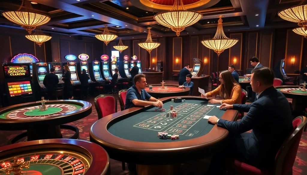 Experience the luxury of helo88 with players enjoying high-stakes casino tables and vibrant slot machines.