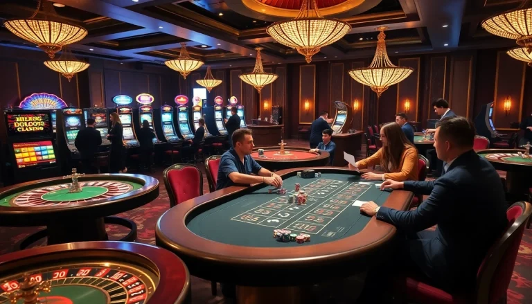 Experience the luxury of helo88 with players enjoying high-stakes casino tables and vibrant slot machines.