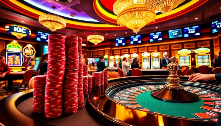 Experience the excitement of KJC gaming at a luxury casino with vibrant poker tables and engaging players.