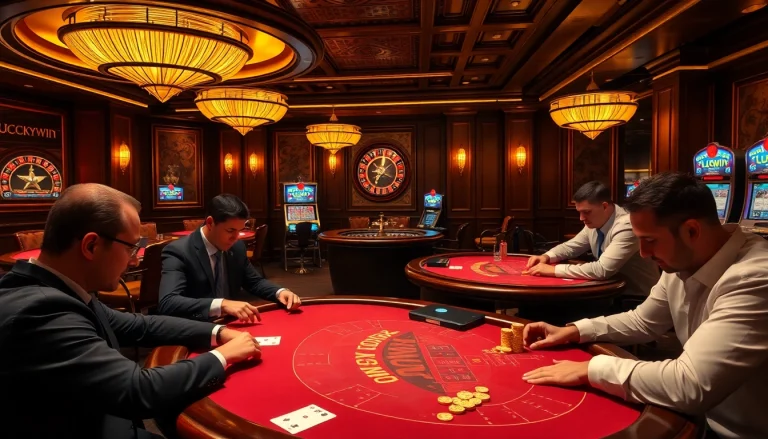 Intense poker action at LUCKYWIN Casino with players, tables, and vibrant games