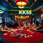 Players enjoying a thrilling poker game with KK55 in an elegant casino setting.