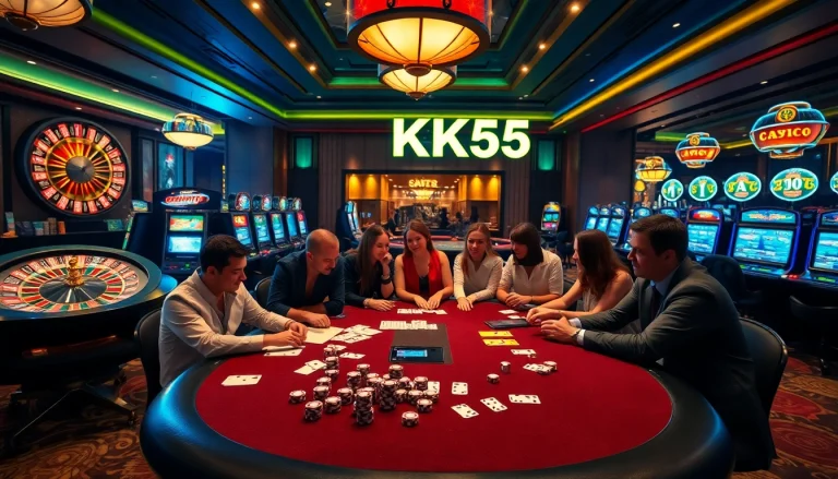 Players enjoying a thrilling poker game with KK55 in an elegant casino setting.