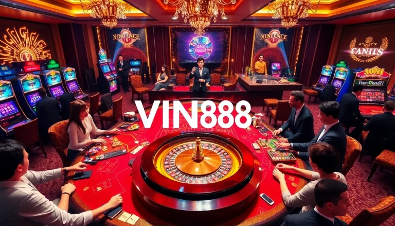 Players enjoying a vibrant casino experience with VIN88, featuring poker chips and roulette wheels.
