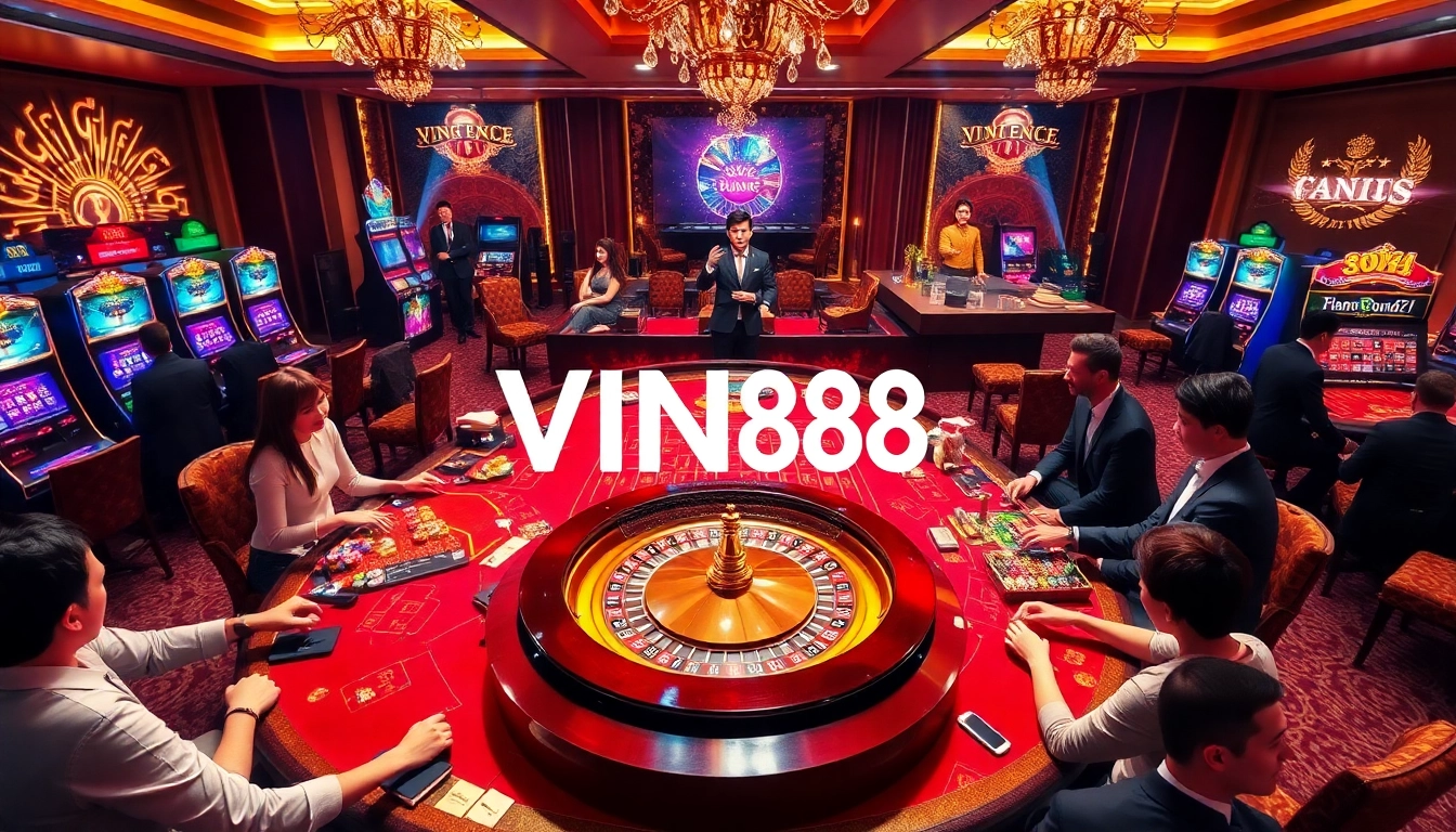 Players enjoying a vibrant casino experience with VIN88, featuring poker chips and roulette wheels.