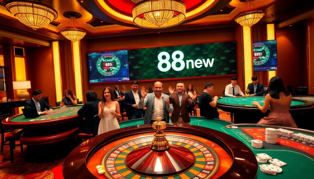 Excited gamblers enjoying a vibrant casino atmosphere at 888new with modern gaming tables and roulette.