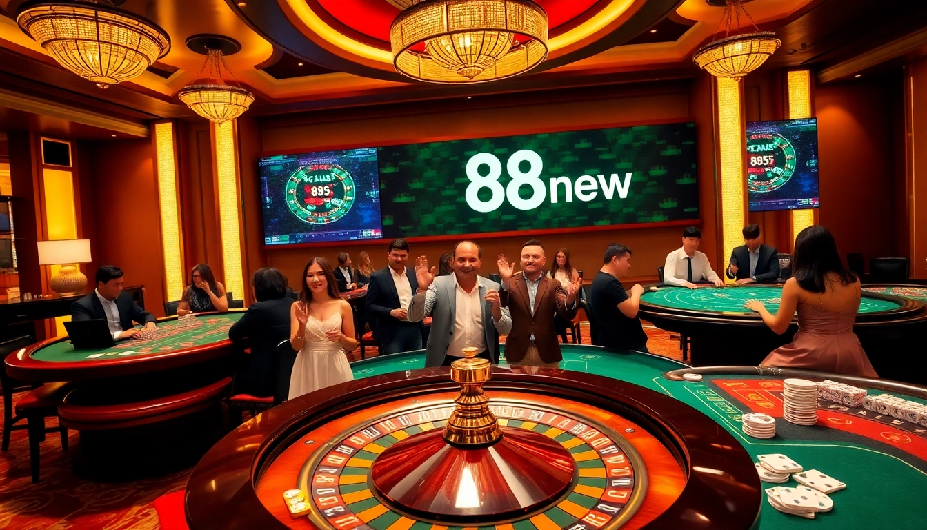 Excited gamblers enjoying a vibrant casino atmosphere at 888new with modern gaming tables and roulette.