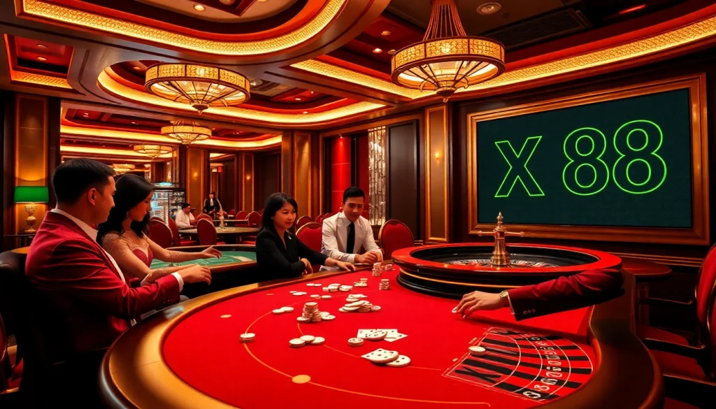 Players engaged in a thrilling poker game at a luxurious casino table featuring XX88 betting opportunities.