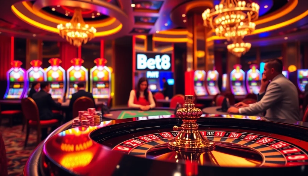 Exciting Bet88 online casino gaming scene with vibrant tables and illuminated slot machines.