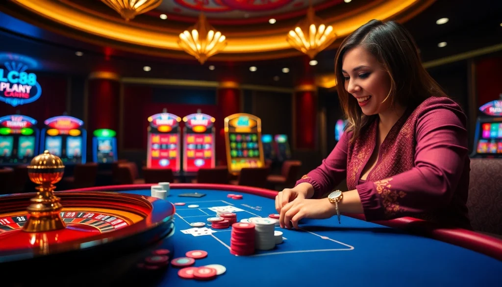 Engaging gameplay at https://lc88.onl/ with poker chips and roulette wheel set in a lively casino.
