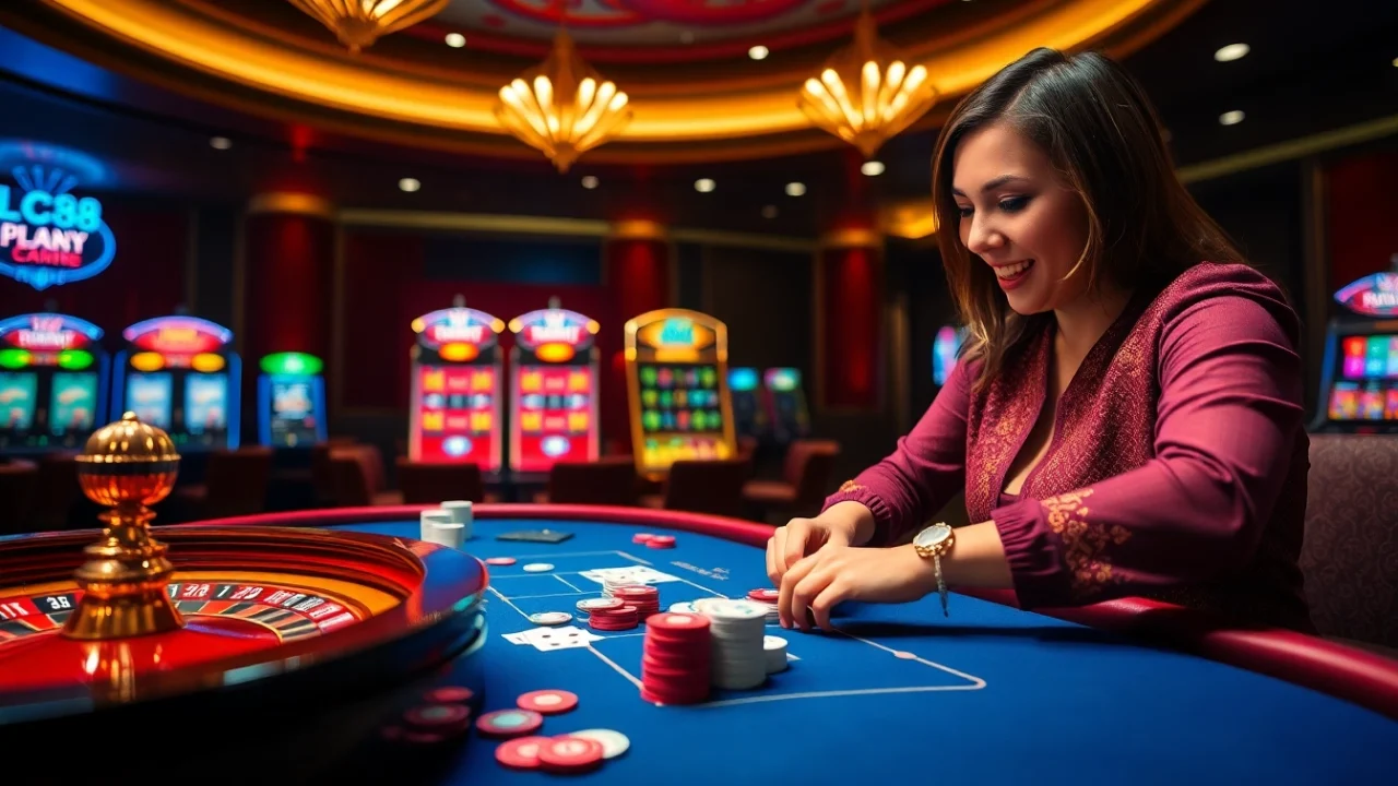 Engaging gameplay at https://lc88.onl/ with poker chips and roulette wheel set in a lively casino.