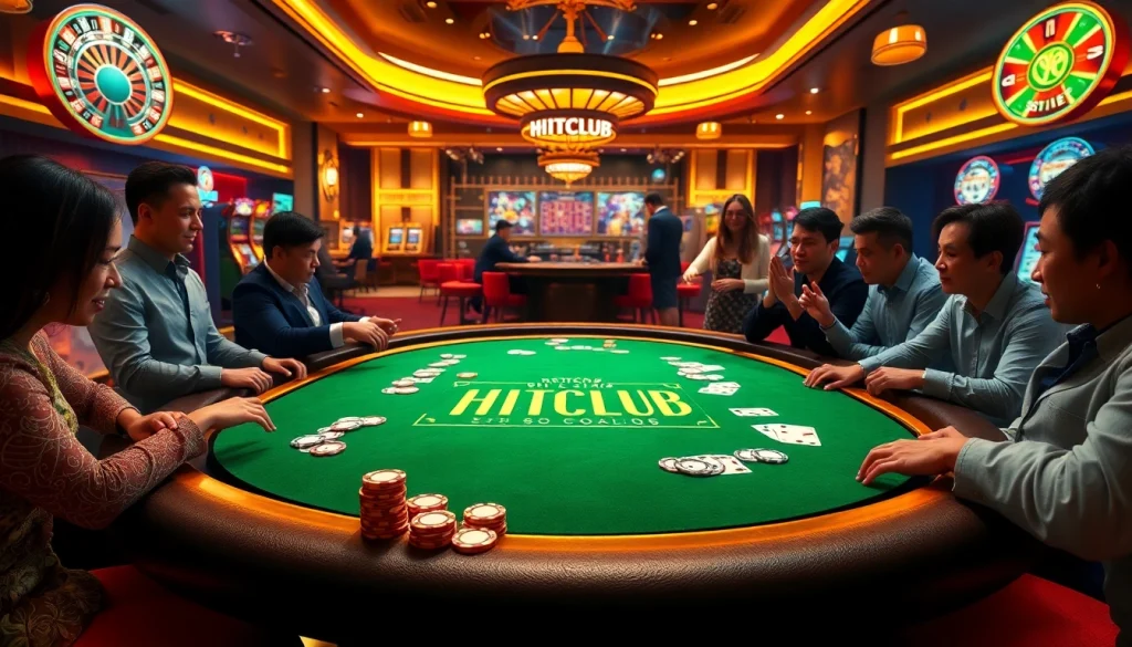 Players strategizing at a luxurious HITCLUB poker table, showcasing excitement and elegance.