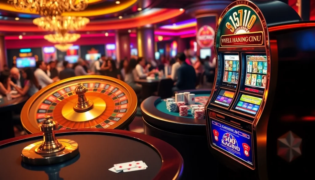 Experience the thrill of betting at nhà cái FIVE88 with a vibrant casino scene showcasing roulette, poker, and slots.