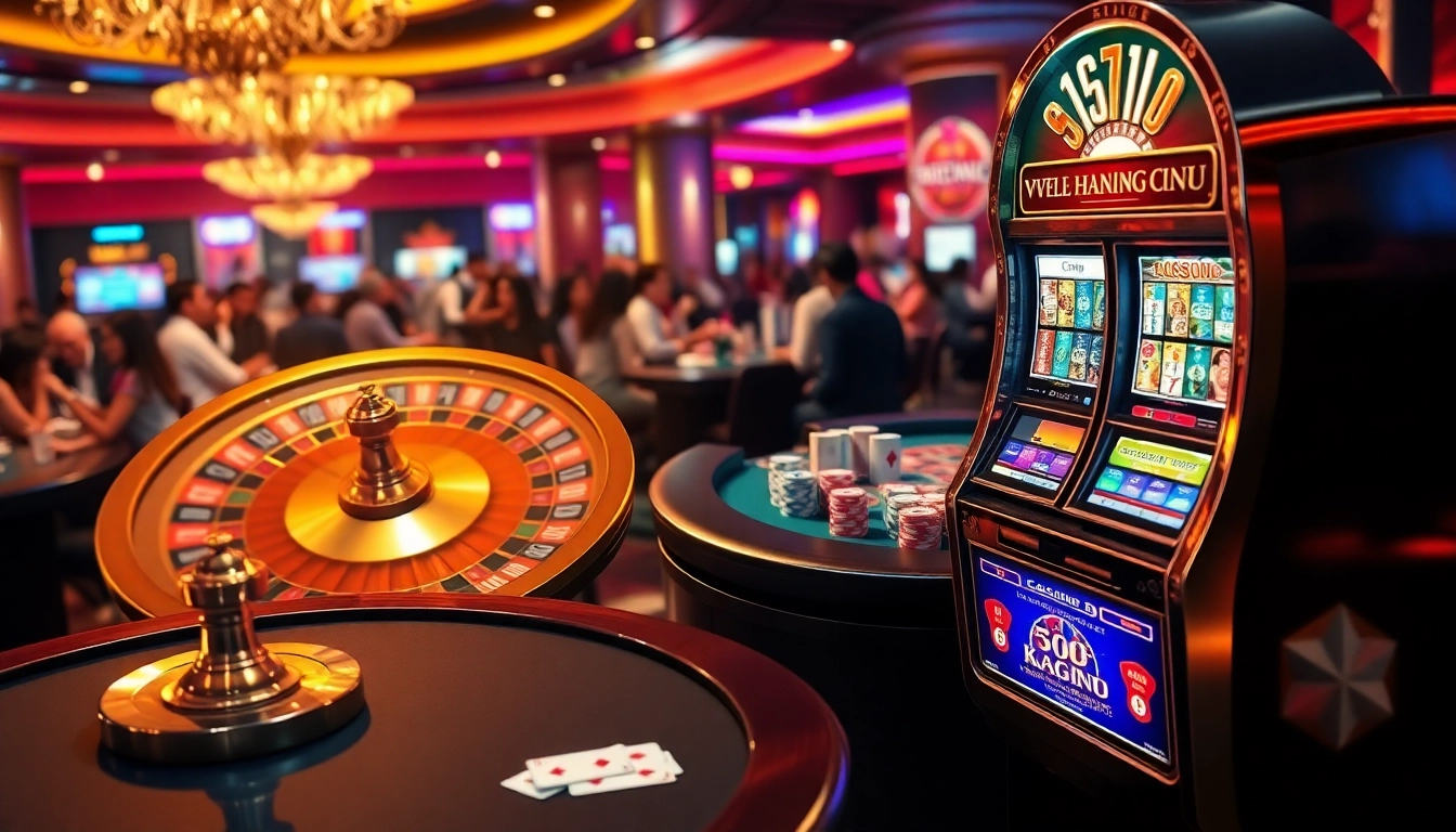 Experience the thrill of betting at nhà cái FIVE88 with a vibrant casino scene showcasing roulette, poker, and slots.
