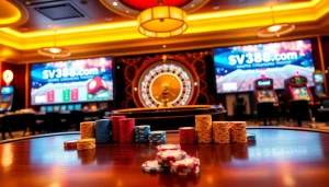 Experience the excitement of live betting at SV388.com with vibrant casino visuals featuring poker, roulette, and slot machines.