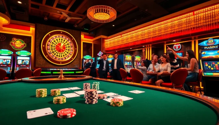 Experience the thrill of winning at Fb88 with vibrant casino tables and colorful poker chips.