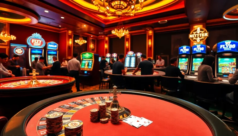 Exciting gaming scene at nhà cái uy tín FLY88 with roulette, slots, and poker action.