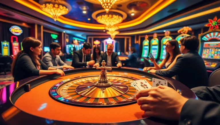 Engaged gamblers playing poker at RR88's luxurious casino tables, highlighting the thrill of the game.