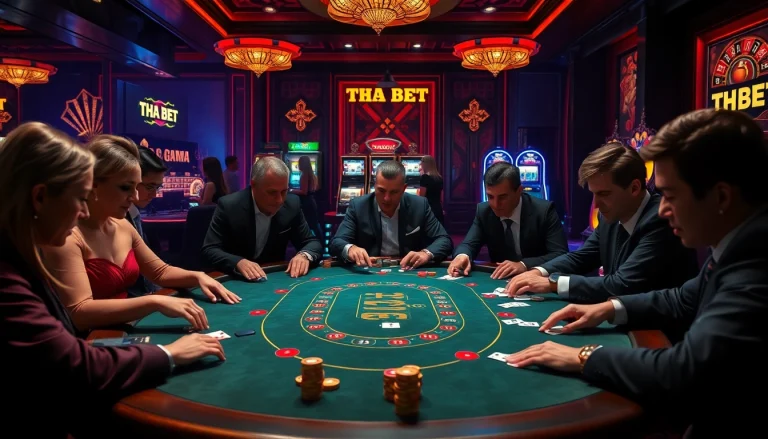 THA BET showcases players engaged in a thrilling poker game within a luxurious casino setting.