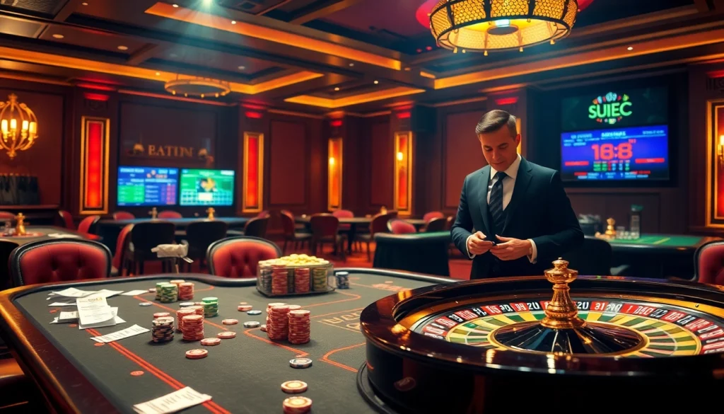 Kèo bóng đá 88 betting scene showcases excitement at a luxury casino table with colorful chips and a roulette wheel.