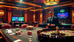 Kèo bóng đá 88 betting scene showcases excitement at a luxury casino table with colorful chips and a roulette wheel.