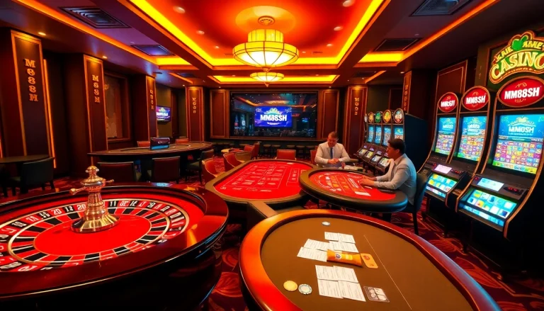 Experience the thrill of betting at MM88 SH with vibrant casino tables and exciting gambling elements.