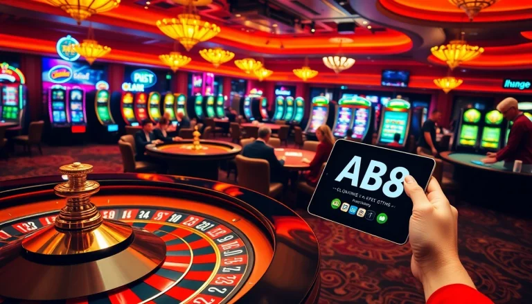 Exciting casino scene featuring high-stakes poker and vibrant slot machines, embodying the ABC8 gambling experience.