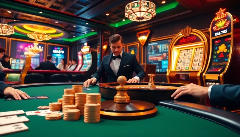 A thrilling gambling scene at alo789 featuring a poker table, roulette wheel, and vibrant slot machines.